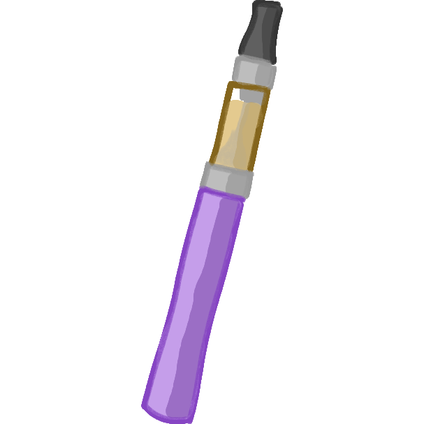 A purple vape pen with a black mouthpiece. The liquid in it is yellowy-brown, and it's not quite full.